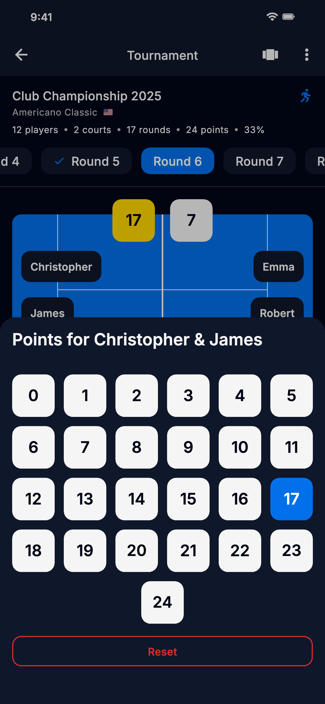 App screenshot showing score input