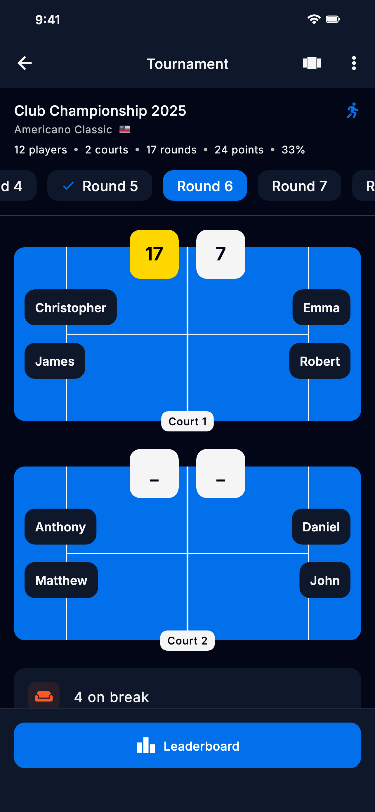 App screenshot showing tournament rounds