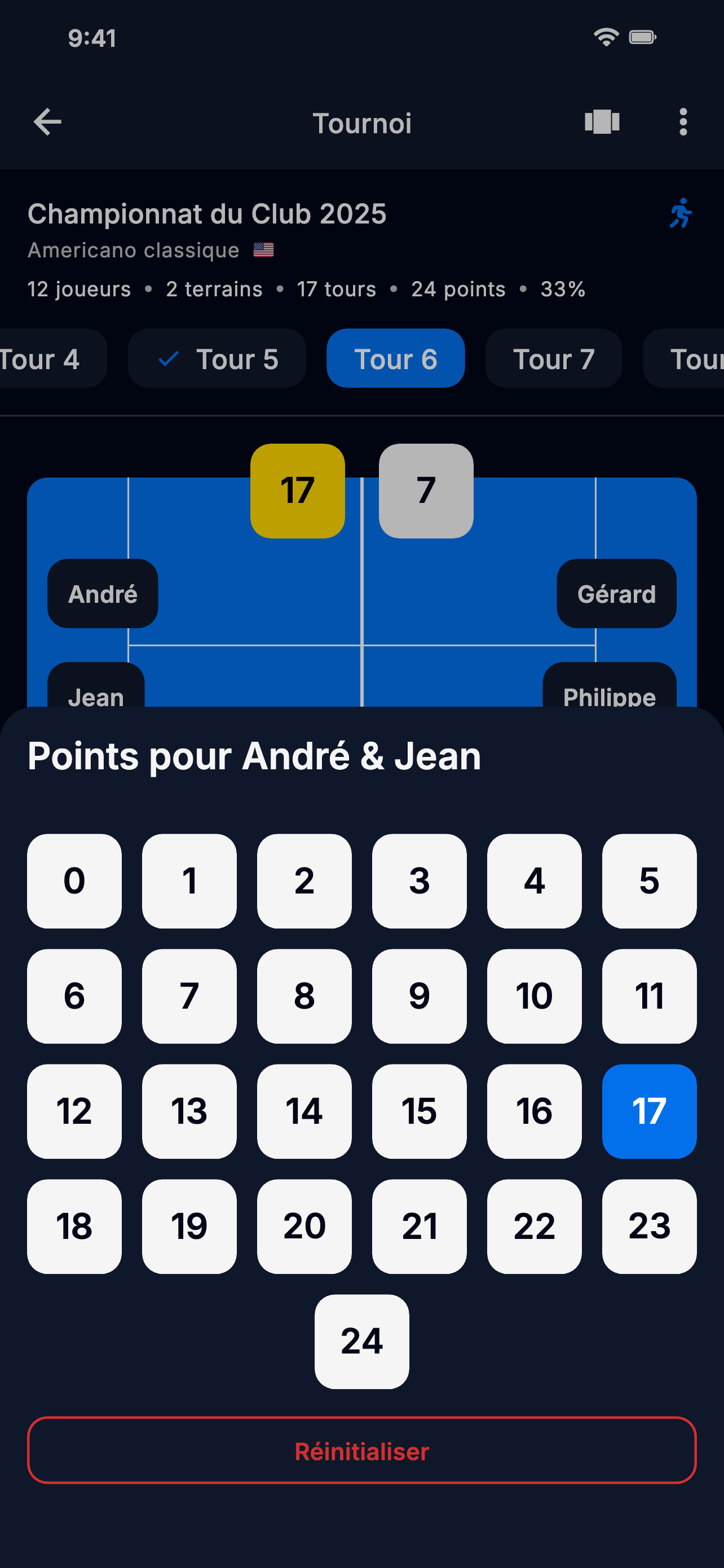 Capture d'écran de l'application montrant la saisie des scores